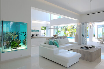 Minimalist living room with aquarium, open space and contemporary decor