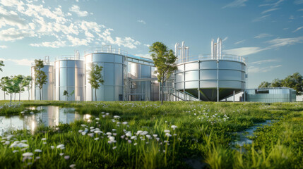 Fototapeta premium Industrial complex with large metallic tanks and green landscape showcasing a harmonious blend of technology and nature under a bright sky.