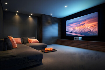 Modern home theater with cozy furniture and large screen in a dark room