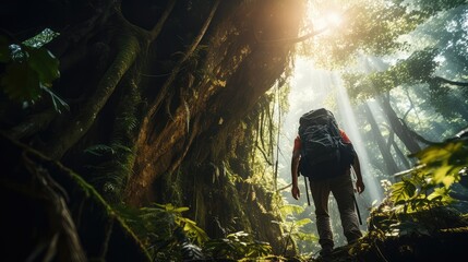 Obraz premium jungle man climbing tree