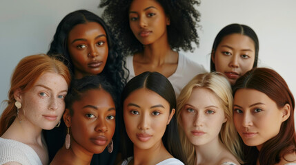 Obraz premium A diverse group of women standing together in a harmonious formation, highlighting their natural beauty, distinct features, and strong sense of unity.