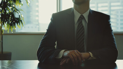 A professional in a suit sits at a desk with hands folded, conveying a sense of business, decision-making, and corporate life.