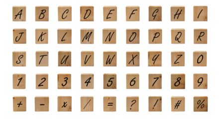 Alphabet wooden block transparent and number, symbol isolated no bg set for all purpose. 