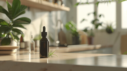 A minimalist kitchen scene with a focus on a small glass dropper bottle, surrounded by lush green plants and bathed in soft, natural light, exuding tranquility.