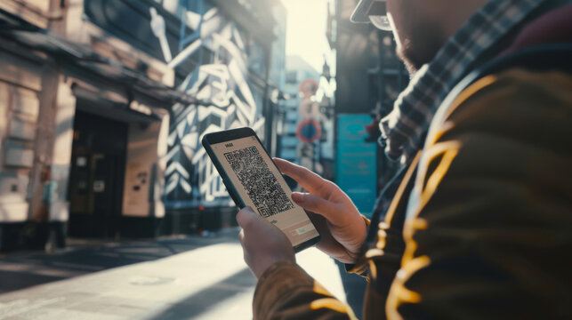 A person holds a smartphone, viewing a QR code on a sunlit urban street, blending technology with daily life in a modern setting.