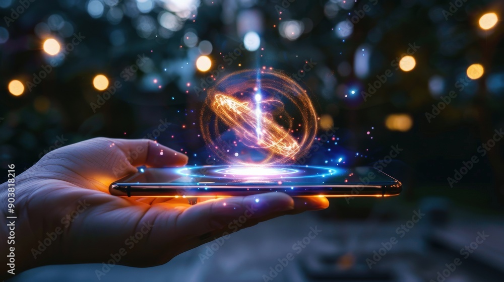 Aufkleber a hand holding a cell phone with a glowing orb on the screen. the orb is a representation of a plane
