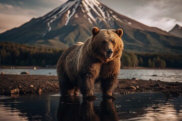 A large brown bear on the background of a volcano in Kamchatka. Animal hunting. Poaching.