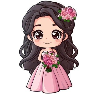 Whimsical pink chibi bridesmaid design perfect for kids, featuring bright colors and playful details on a white background.