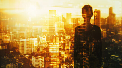 A silhouette stands against the backdrop of a glowing cityscape, overlaid with translucent square graphic elements, suggesting a blend of technology and urban life.