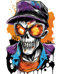 A vibrant and colorful illustration of a grinning, skull-faced character with a mischievous expression, wearing a fedora hat and a leather jacket. The background is splashed with colorful paint 