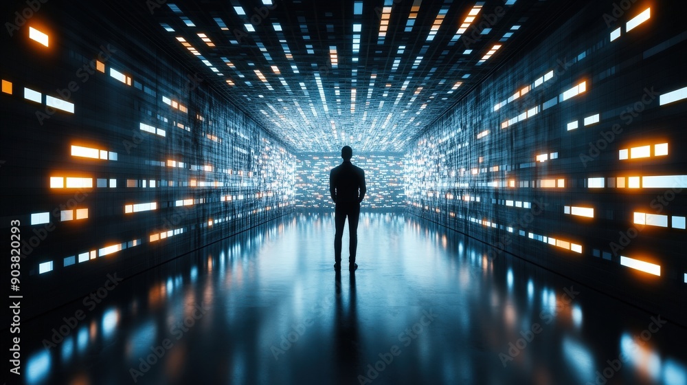 Poster a man stands in front of a wall of blue and orange lights. the lights are arranged in a way that cre