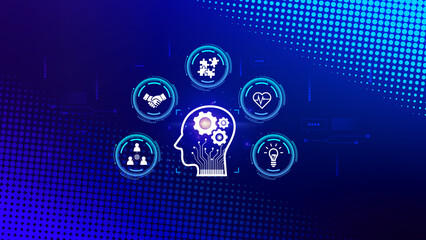 Power soft skills, multi skills responsibility HR human resources concept, personal attribute development, Digital Personality, problem solving, adaptability, collaboration, leadership, creativity.