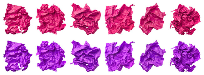 Fototapeta premium Collection set of magenta purple pink crumple wrinkle crushed scrunch irregular shape paper on transparent background cutout, PNG file. Many different design. Mockup template artwork graphic