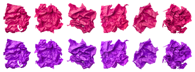 Collection set of magenta purple pink crumple wrinkle crushed scrunch irregular shape paper on transparent background cutout, PNG file. Many different design. Mockup template artwork graphic