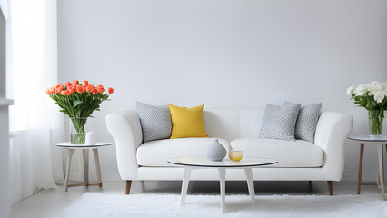 Interior of modern living room with white sofa and vase with flowers
