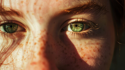 A close-up of a person’s green eyes and freckles, with sunlight highlighting skin texture and eye detail.