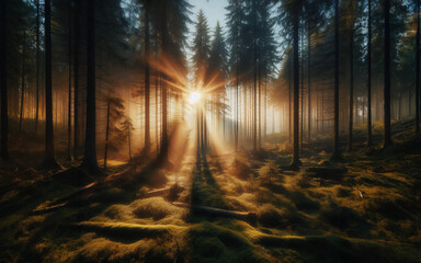 Fototapeta premium Sun shining through a foggy forest. morning forest with sun beams