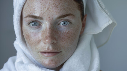 A woman with piercing blue eyes and freckles wrapped in a white towel, evoking a sense of calm and natural beauty.
