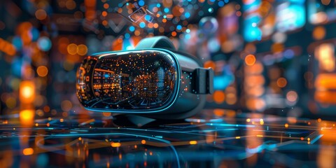 Virtual reality headset with digital interface reflecting vibrant holographic data in a futuristic tech environment