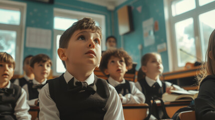 Young students in a classroom attentively listening, the room filled with educational materials and a focused atmosphere.