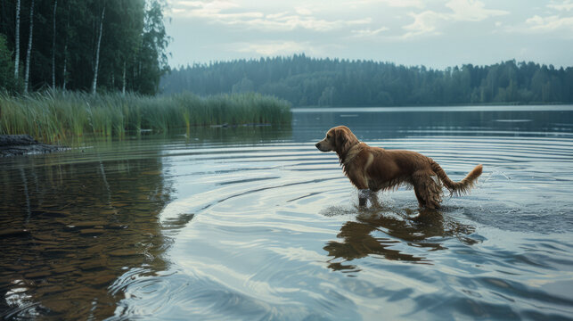 A golden retriever wades in a calm lake surrounded by dense forestry, embodying the peacefulness and beauty of nature.