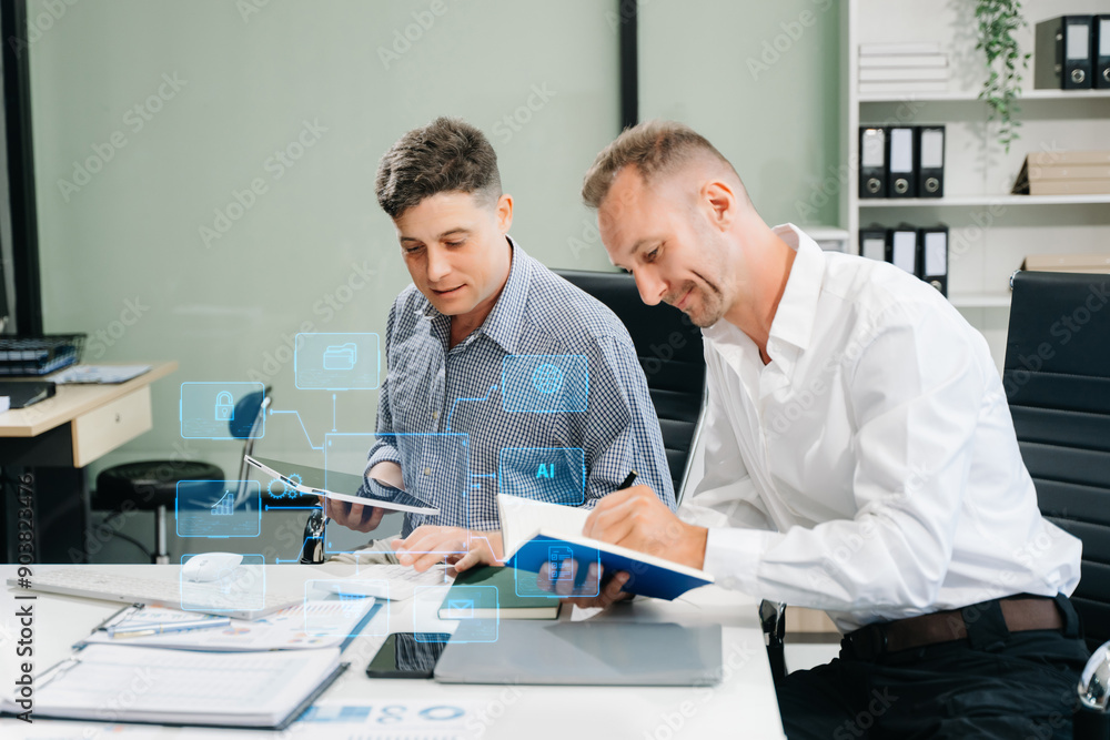 Poster working team meeting concept, business using laptop and smart phone and digital tablet computer