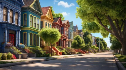 Obraz premium lush street trees grass houses