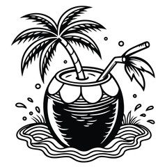 A vivid and lively illustration of a coconut on a beach, designed to be printed on a T-shirt.