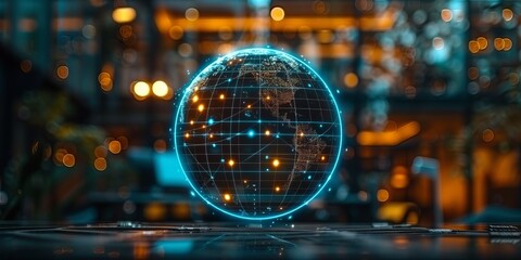  Holographic globe with digital connections displayed in a modern tech environment