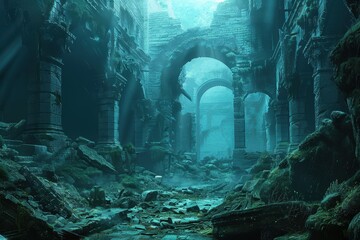Fototapeta premium Ancient ruins of a forgotten city lie in the depths of the ocean overgrown with vibrant marine life