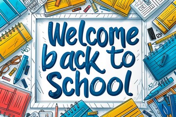 Colorful welcome back to school decoration featuring notebooks, pens, and other school supplies