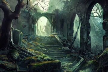 Fototapeta premium Ancient overgrown ruins of a forgotten temple in the middle of a dense forest