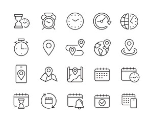 Location, Time and Date Icons - Vector Line. Editable Stroke.