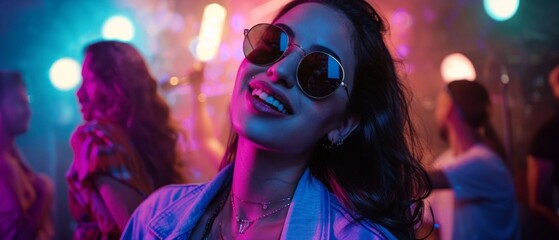 A dynamic nightclub scene featuring a young Asian woman dancing enthusiastically amidst colorful lights and smoke, creating a vibrant and lively atmosphere.