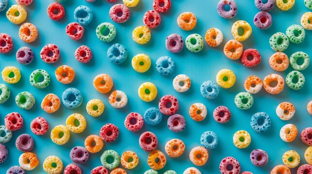 A colorful assortment of cereal rings in red, orange, yellow, green, blue, and purple hues on a blue background creates a vibrant and cheerful display.