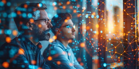 Two men looking out a window with holographic network data overlay in a modern office