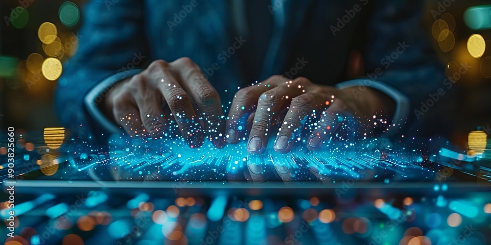 Aufkleber close-up of hands typing on a tablet with holographic data visualization in a modern office