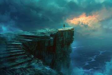 Fototapeta premium Man standing on a cliff overlooking a stormy sea
