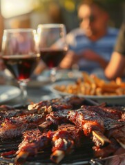 A close-up shot of a barbecue grill filled with juicy ribs and crispy french fries