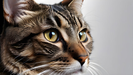 Close-up portrait of a tabby cat with yellow eyes.