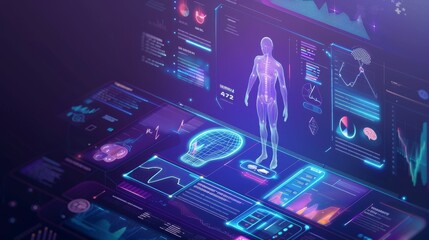 Futuristic digital interface displaying a human body hologram and health metrics.
