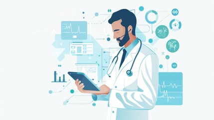 A male healthcare professional reviews patient data on a tablet, surrounded by digital medical graphics in a modern healthcare setting.