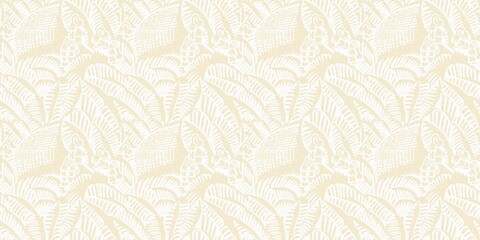 Modern white on cream lace effect wedding border texture. Soft tonal linen openwork block print with subtle hand drawn lattice damask printed fabric banner edge trim. 