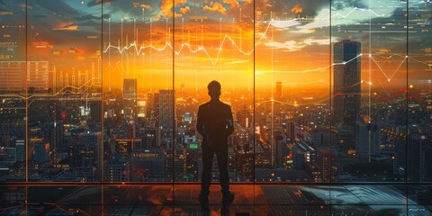 Silhouetted businessman observing digital financial graphs over a modern city skyline at sunset