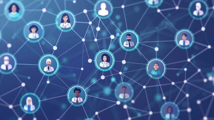 A diverse group of healthcare professionals connected in a digital network, symbolizing collaboration and technology in medicine.