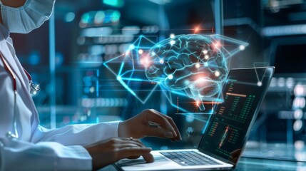 A female doctor of African descent analyzing brain data on a laptop in a futuristic lab setting.