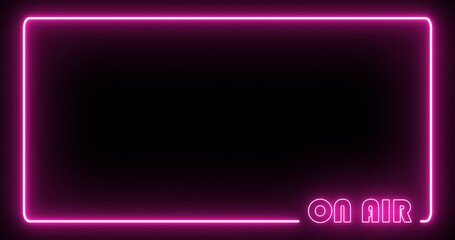 A neon light that glows pink to indicate that it is on air.