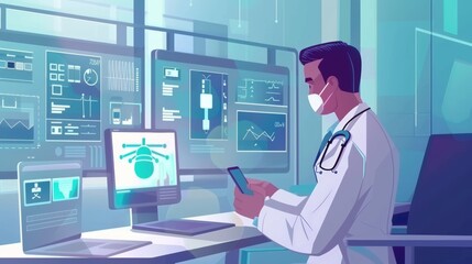 A male doctor in a white coat interacts with technology, monitoring health data on multiple screens while wearing a mask.