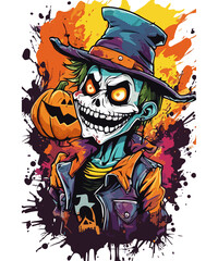 A vibrant and colorful illustration of a grinning, skull-faced character with a mischievous expression, wearing a fedora hat and a leather jacket. The background is splashed with colorful paint 