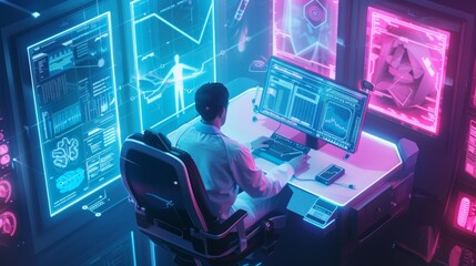 A focused male scientist analyzes data at a futuristic workstation with vibrant blue and pink holographic displays.